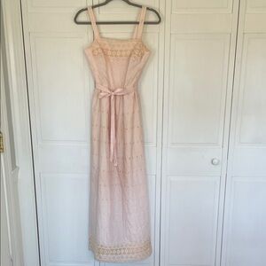 Vintage Lanz Blush Eyelet Maxi Dress from the 1960s or 1970s Sz5/6